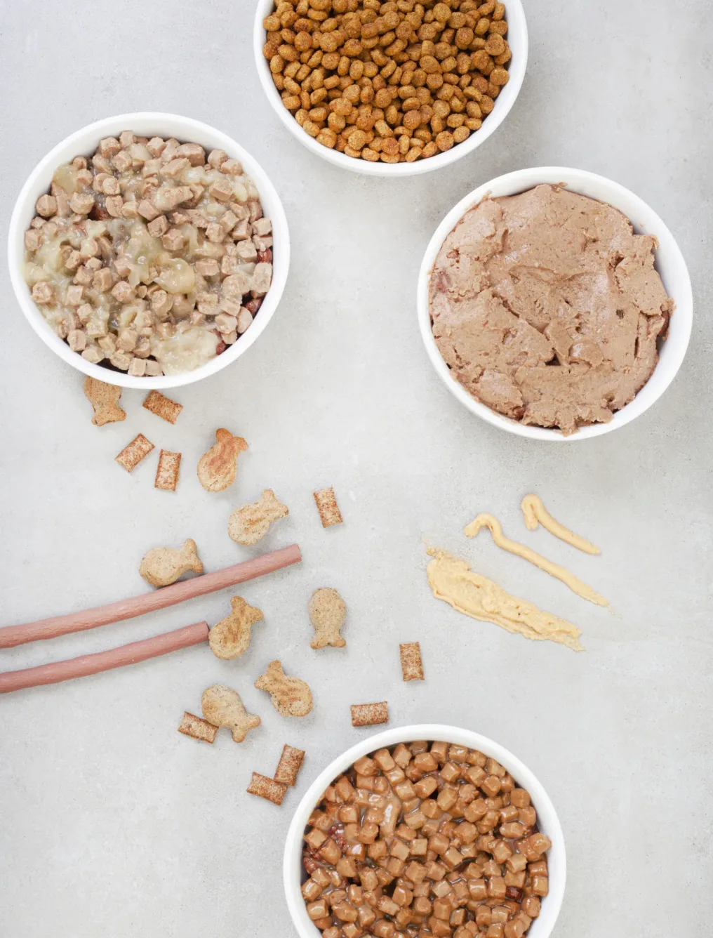 Different types of cat food in in bowls on grey surface with copy space